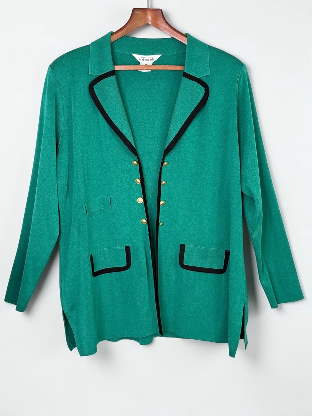 Misook Green Knit Blazer Jacket XL Contrast Black Trim Gold Button
